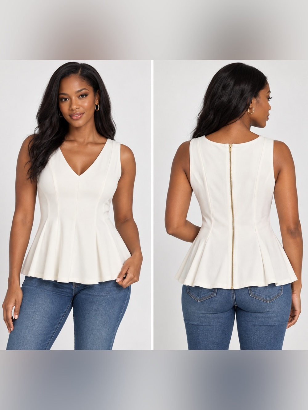 H&M Women’s White Sleeveless V-Neck Peplum Top Gold Back Zip Size L